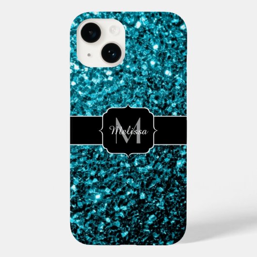 Aqua blauwe glanzende nepschittertjes Monogram Case-Mate iPhone Case (Achterkant)