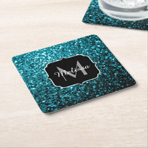Aqua blauwe glanzende nepschittertjes Monogram Kartonnen Onderzetters