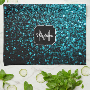 Aqua blauwe glanzende nepschittertjes Monogram Theedoek