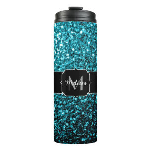 Aqua blauwe glanzende nepschittertjes Monogram Thermosbeker