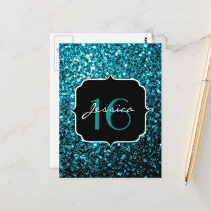 Aqua blauwe glanzende nepschittertjes Sweet 16 Briefkaart