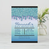 Aqua Blauwe Glitter Druipende Drip Bat Mitzvah Uit Kaart (Staand voorkant)