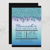 Aqua Blauwe Glitter Druipende Drip Bat Mitzvah Uit Kaart (Voorkant / Achterkant)