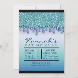 Aqua Blauwe Glitter Druipende Drip Bat Mitzvah Uit Kaart