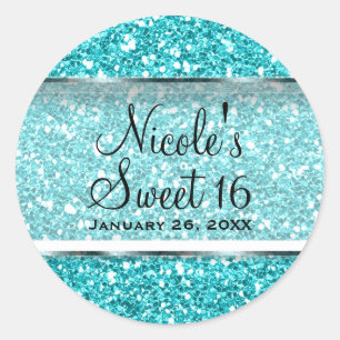 Aqua Blauwe Glitter Glam Sweet 16 Aangepast Feestc Ronde Sticker