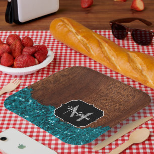 Aqua blauwe glitters roodbruin hout Monogram Papieren Bordje