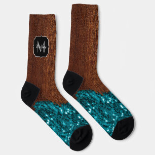 Aqua blauwe glitters roodbruine houten monogram sokken