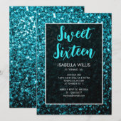 Aqua blauwe glitters Sweet 16 elegante script Kaart (Voorkant / Achterkant)