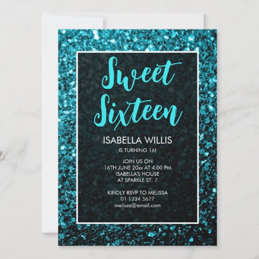 Aqua blauwe glitters Sweet 16 elegante script Kaart (Voorkant)