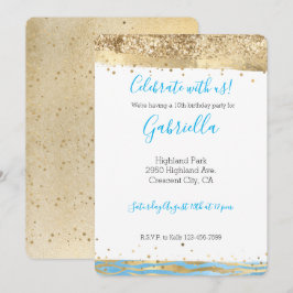 Aqua Blauwe Gouden Glitter Confetti Dieren Verjaar Kaart