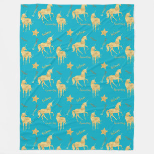 Aqua Blauwe Gouden Magische Eenhoorn Verjaardag Fleece Deken