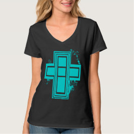 Aqua Blauwe Grunge Graffiti Kruis T-shirt