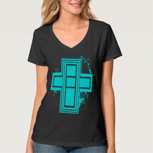 Aqua Blauwe Grunge Graffiti Kruis T-shirt (Voorkant)