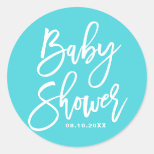 Aqua Blauwe Handgeschreven Aangepaste Baby Shower  Ronde Sticker