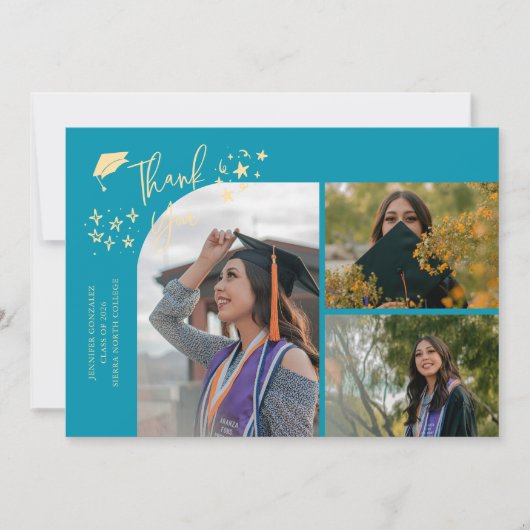Aqua Blauwe Handgeschreven Bedankt Multi Foto Aankondiging (Voorkant)