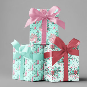 Aqua Blauwe Kleurrijke roze Kerst Gingerbread Boom Inpakpapier Vel