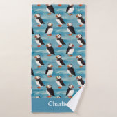 Aqua Blauwe Kust Puffin Vogel Badhanddoek (Badhanddoek)