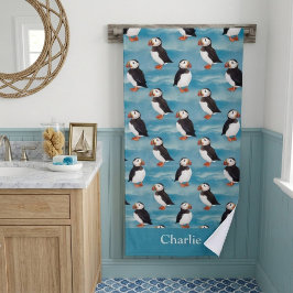 Aqua Blauwe Kust Puffin Vogel Badhanddoek