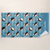 Aqua Blauwe Kust Puffin Vogel Strandlaken (Voorkant)