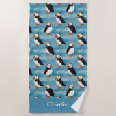 Aqua Blauwe Kust Puffin Vogel Strandlaken (Voorkant)
