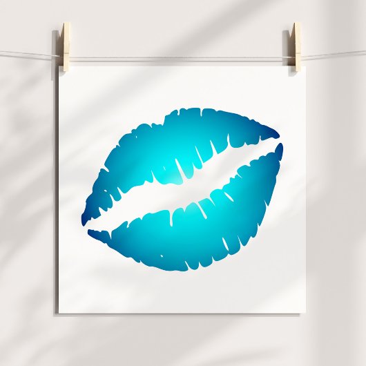 Aqua Blauwe Lippenstift Kus op Wit Poster