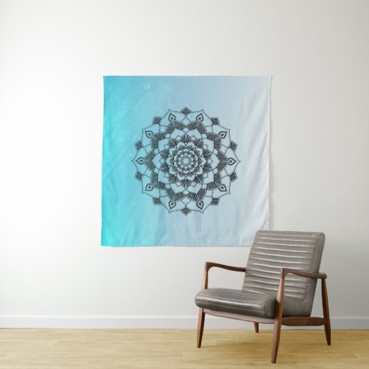 Aqua Blauwe Mandala Muurkunst Wandkleed (In Situ (horizontaal))