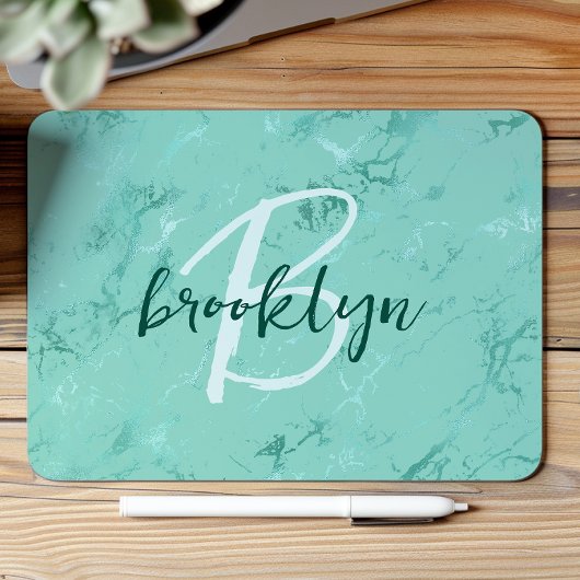Aqua Blauwe Marmeren Folie Script Monogram Muismat
