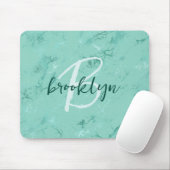 Aqua Blauwe Marmeren Folie Script Monogram Muismat (Met muis)