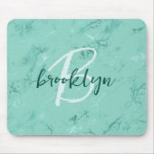 Aqua Blauwe Marmeren Folie Script Monogram Muismat (Voorkant)