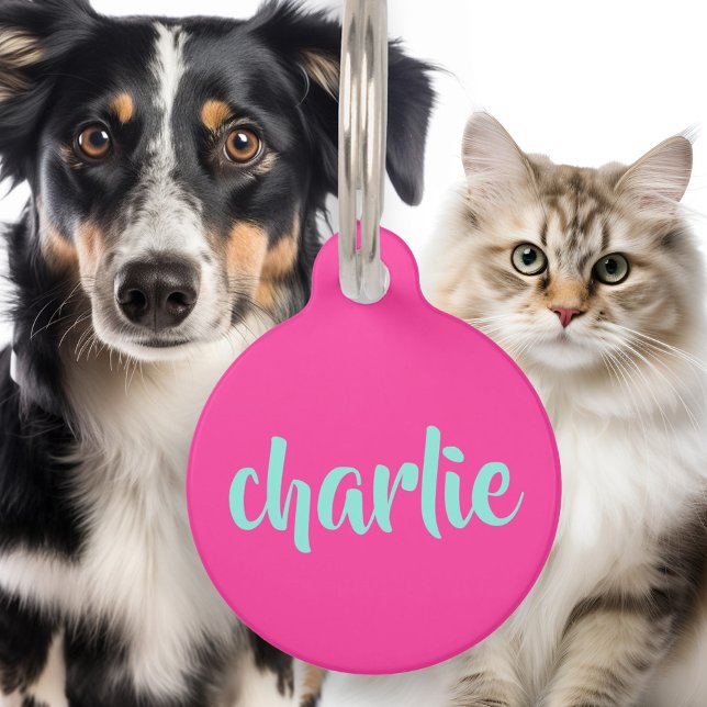Aqua blauwe naam telefoonnummer script vet heet ro huisdierpenning (Aqua blue name phone number script bold hot pink pet ID tag)