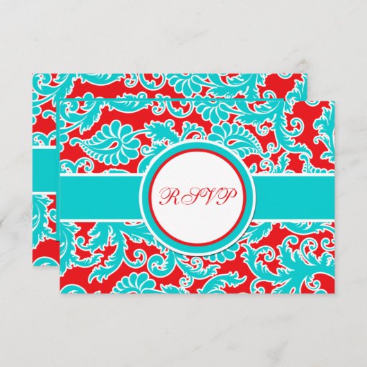 Aqua Blauwe, Rode, Witte Damast RSVP Kaart (Voorkant / Achterkant)