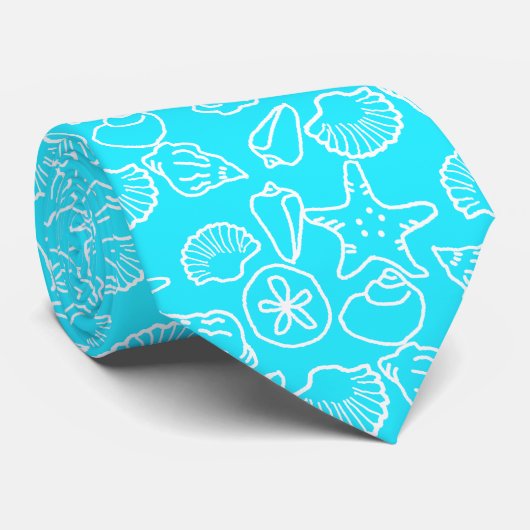 Aqua Blauwe Schelp Patroon Tropische Bruidegom Stropdas (Opgerold)