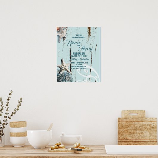 aqua blauwe schelp strand bruiloft welkom poster (Keuken)