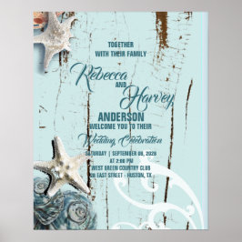 aqua blauwe schelp strand bruiloft welkom poster