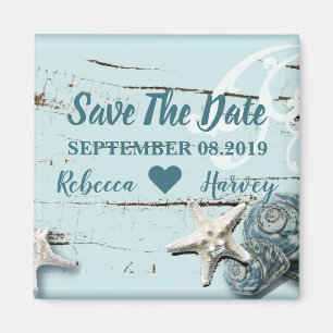 aqua blauwe schelp zeester trouw save the date magneet