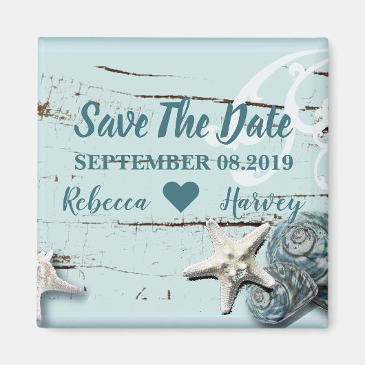 aqua blauwe schelp zeester trouw save the date magneet (Voorkant)