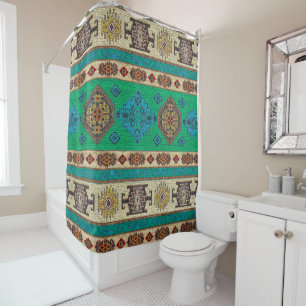 Aqua Blauwe Shamrock Groen Vintage Turkse Kilim  Douchegordijn