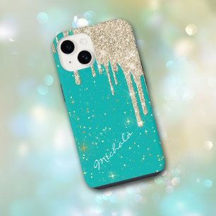 Aqua Blauwe Ster Schitterende Zilveren Glitterdrup iPhone 14 Hoesje