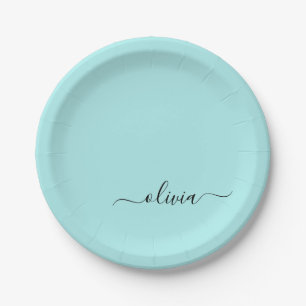 Aqua Blauwe Teal Meisjesachtige Script Monogram Na Papieren Bordje