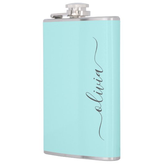 Aqua Blauwe Teal Moderne Script Meisjes Monogram N Heupfles (Links)