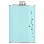 Aqua Blauwe Teal Moderne Script Meisjesachtig Mono Heupfles (Voorkant)