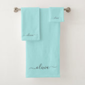 Aqua Blauwe Teal Moderne Script Meisjesachtige Mon Bad Handdoek (Insitu)