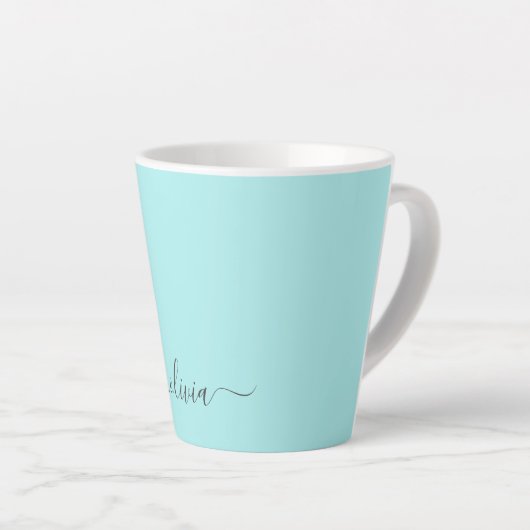 Aqua Blauwe Teal Moderne Script Meisjesachtige Mon Latte Mok (Rechterhoek)