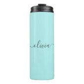 Aqua Blauwe Teal Moderne Script Meisjesachtige Mon Thermosbeker (Voorkant)