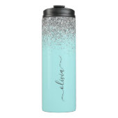 Aqua Blauwe Teal Zilver Glitter Monogram Thermosbeker (Voorkant)