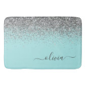 Aqua Blauwe Teal Zilveren Glitter Monogram Badmat (Voorkant)