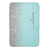 Aqua Blauwe Teal Zilveren Glitter Monogram Badmat (Voorkant Verticaal)