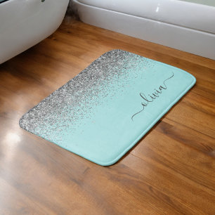 Aqua Blauwe Teal Zilveren Glitter Monogram Badmat