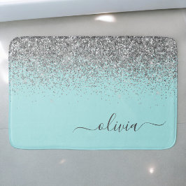 Aqua Blauwe Teal Zilveren Glitter Monogram Badmat