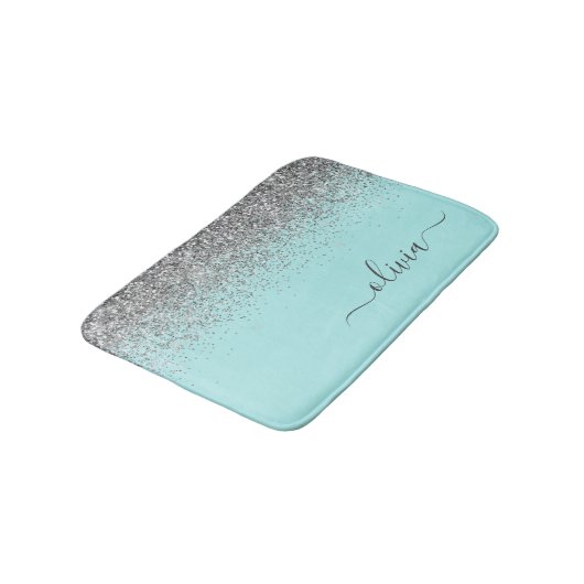 Aqua Blauwe Teal Zilveren Glitter Monogram Badmat (Gekanteld)